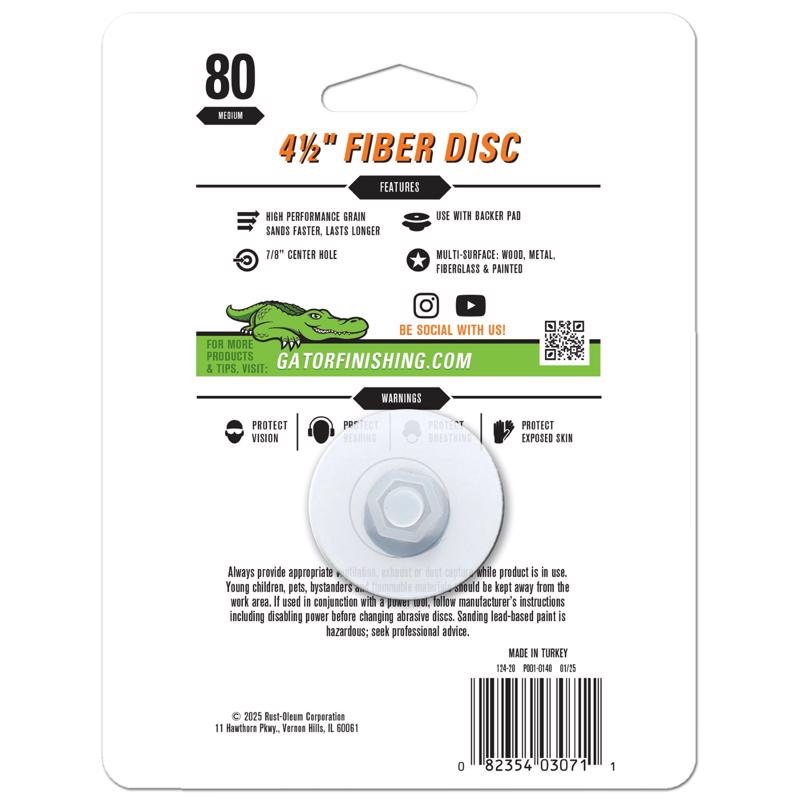 Gator 4.5 in. Aluminum Oxide Center Mount Fiber Disc 80 Grit Medium 3 pk, Pack of 5