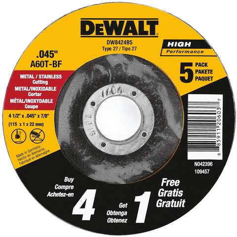 DeWalt 4-1/2 in. D X 7/8 in. Aluminum Oxide Cut-Off Wheel 5 pc