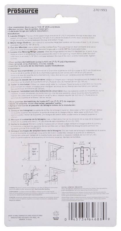 ProSource BH-102SB-PS Door Hinge, 3-1/2 in H Door Leaf, 3-1/2 in W Door Leaf, 2.2 mm Thick Door Leaf, 3-1/2 x 3-1/2 in