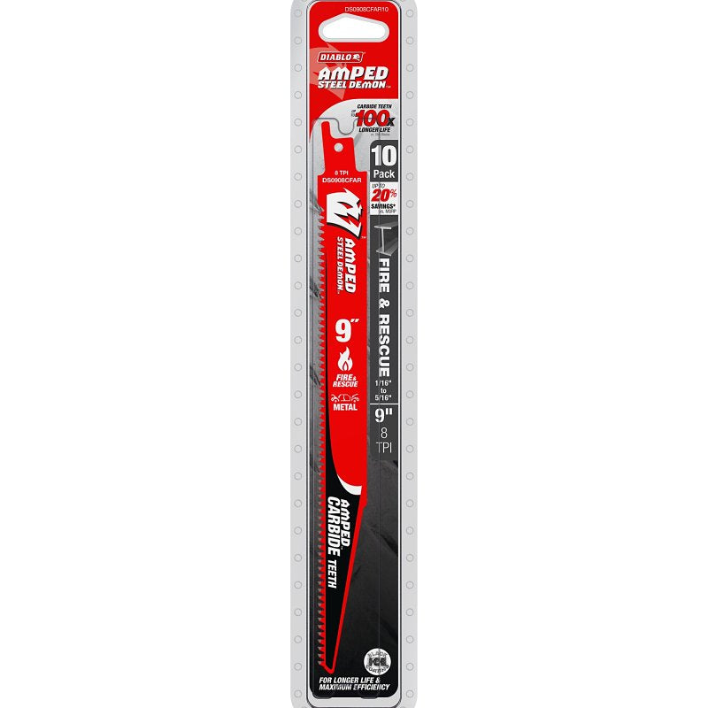 Diablo AMPED Steel Demon Series DS0908CFAR10 Reciprocating Saw Blade, 9 in L, 8 TPI, Carbide Cutting Edge