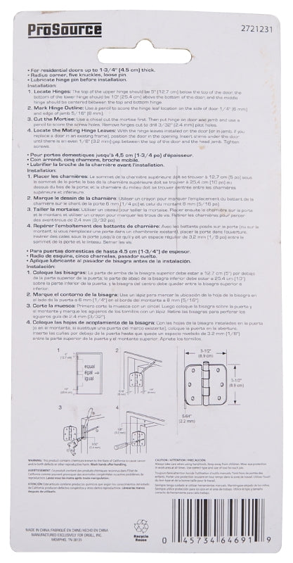ProSource BH-102ORB-PS Door Hinge, Steel, Oil-Rubbed Bronze, Loose Pin, 180 deg Range of Motion, Screw Mounting