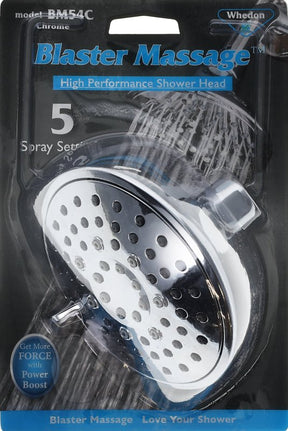 Whedon Blaster Massage BM54C Showerhead, 2.5 gpm, 1/2 in Connection, 5-Spray Function, Chrome, 4-1/2 in Dia
