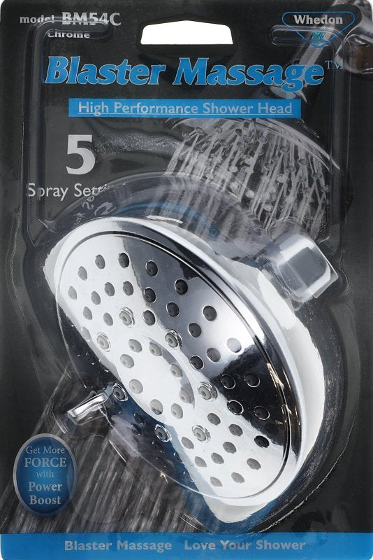 Whedon Blaster Massage BM54C Showerhead, 2.5 gpm, 1/2 in Connection, 5-Spray Function, Chrome, 4-1/2 in Dia