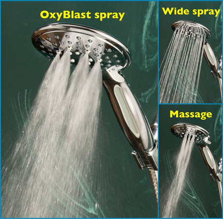 Whedon Blaster Massage Series BMH5C Handheld Shower Kit, 1/2 in Connection, 2.5 gpm, 5-Spray Function, Plastic, Matte