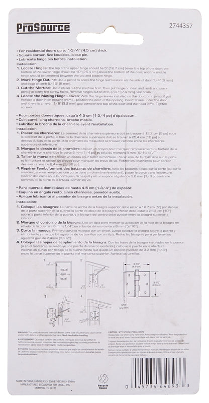 ProSource BH-202CH-PS Square Corner Door Hinge, Steel, Chrome, Loose Pin, 180 deg Range of Motion, Screw Mount Mounting