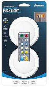 Westek BL-PCCT-W2 Series Adjustable Puck Light, 3.37 in Dia, AA Battery, LED Lamp, 80 Lumens, White, 2/CD
