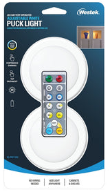 Westek BL-PCCT-W2 Series Adjustable Puck Light, 3.37 in Dia, AA Battery, LED Lamp, 80 Lumens, White, 2/CD