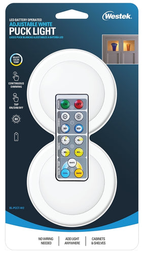 Westek BL-PCCT-W2 Series Adjustable Puck Light, 3.37 in Dia, AA Battery, LED Lamp, 80 Lumens, White, 2/CD