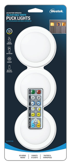 Westek BL-PCCT-W3 Series Adjustable Puck Light, 3.37 in Dia, AA Battery, LED Lamp, 80 Lumens, White, 3/CD