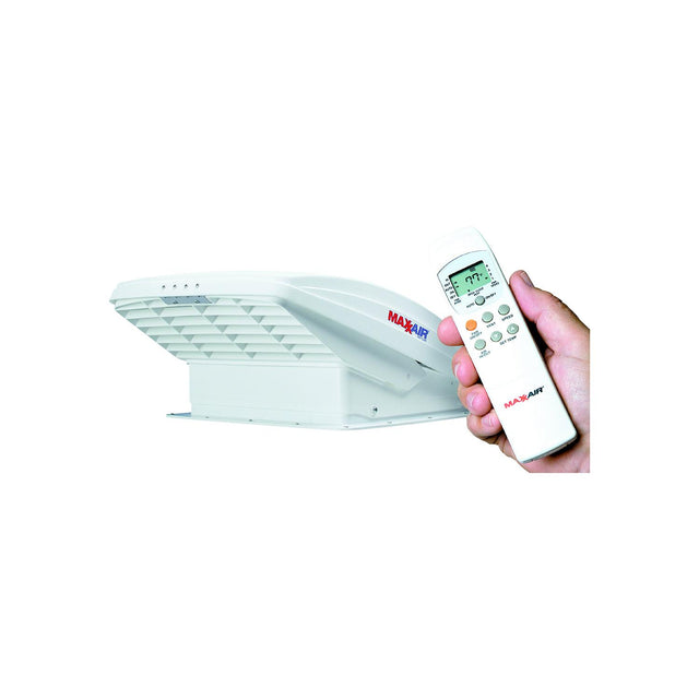 MaxxFan Deluxe 0007000K White RV 10-Speed Fan w/Electric Opening, Remote Control &amp; Rain Shield
