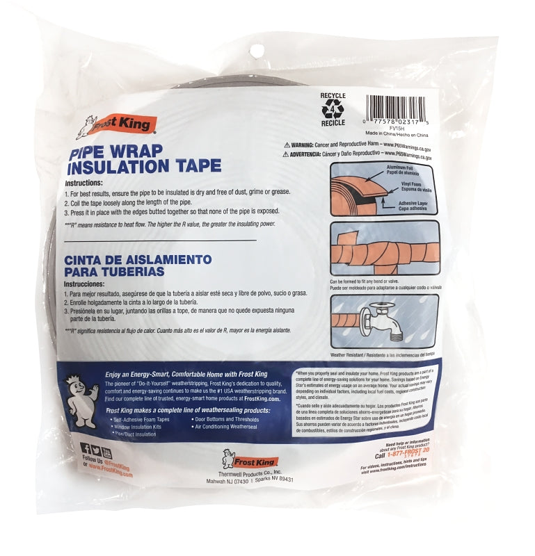 Frost King FV15H Pipe Wrap Kit, 15 ft L, 2 in W, 1/8 in Thick, 2 R-Value, Silver