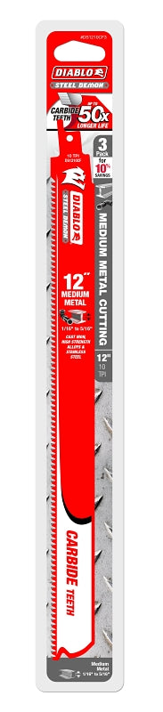 Diablo DS1210CF3 Reciprocating Saw Blade, Applicable Materials: Metal, 12 in L, 10 TPI, Carbide Cutting Edge, 3/PK