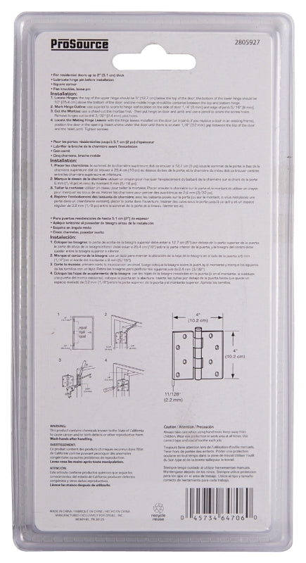 ProSource 20339SS-4S-DB-PS Square Corner Door Hinge, Steel, Brushed, Loose Pin, 180 deg Range of Motion