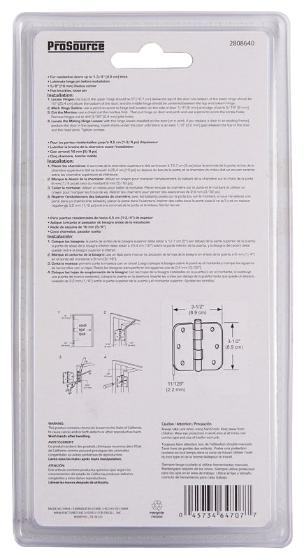 ProSource 20338SS-35RC-DB-P Door Hinge, Stainless Steel, Loose Pin, 180 deg Range of Motion