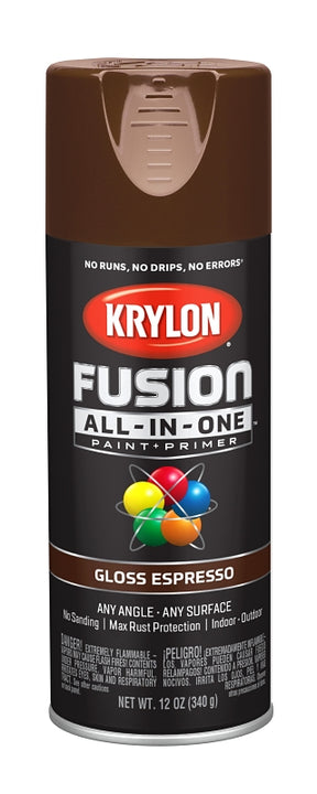 Krylon K02707007 Spray Paint, 12 oz Can, 25 sq-ft Coverage Area, Acrylic Base, Gloss, Espresso, Exterior, Interior