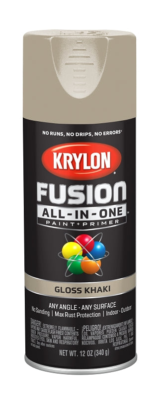 Krylon K02713007 Spray Paint, 12 oz Can, 25 sq-ft Coverage Area, Acrylic Base, Gloss, Khaki, Exterior, Interior