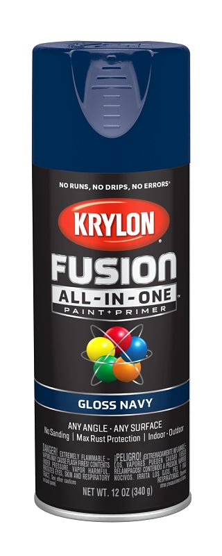 Krylon K02714007 Spray Paint, 12 oz Can, 25 sq-ft Coverage Area, Acrylic Base, Gloss, Navy, Exterior, Interior