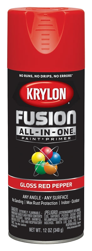 Krylon K02720007 Spray Paint, 12 oz Can, 25 sq-ft Coverage Area, Acrylic Base, Gloss, Red Pepper