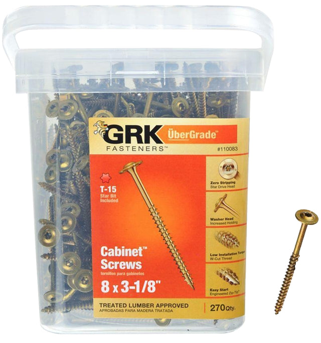 GRK Fasteners 110083 Cabinet Screw, #8 Thread, 3-1/8 in L, Washer Head, Star Drive, Steel, 270 PK