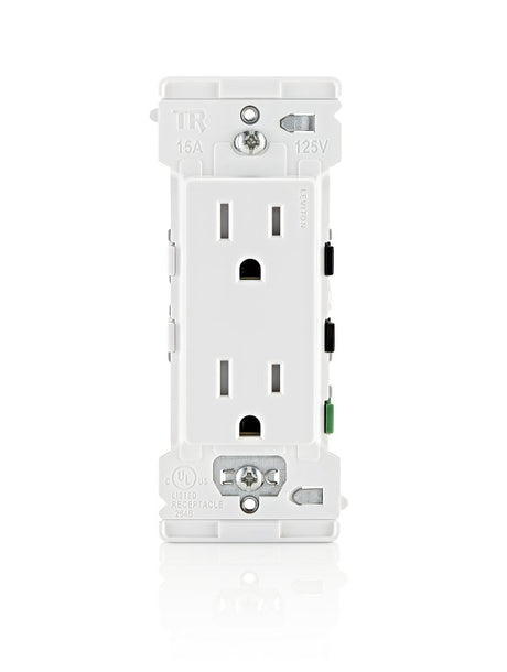 Decora M02-E5325-0MW Grounding Duplex Outlet, 2-Pole, 15 A, 125 VAC, Color-Coded Wiring, NEMA: NEMA 5-15R, White