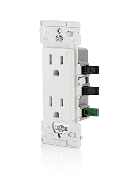 Decora M02-E5325-0MW Grounding Duplex Outlet, 2-Pole, 15 A, 125 VAC, Color-Coded Wiring, NEMA: NEMA 5-15R, White