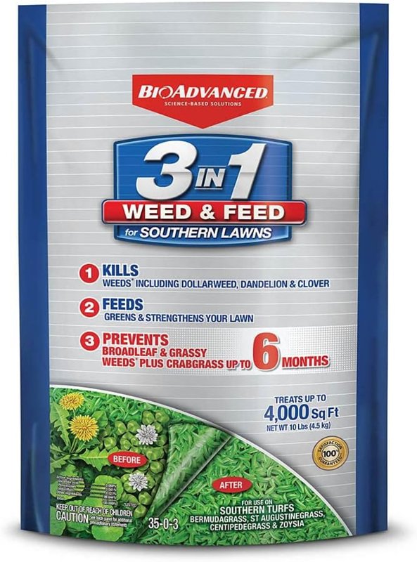BioAdvanced 820105L 3-In-1 Weed and Feed, 10 lb Bag, Granular, 35-0-3 N-P-K Ratio