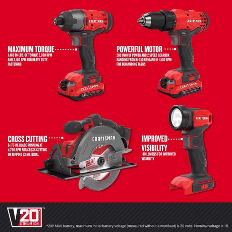 Craftsman 20V Cordless Brushed 4 Tool Combo Kit