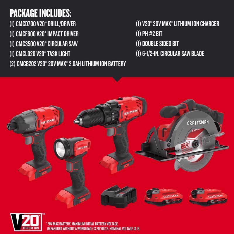 Craftsman 20V Cordless Brushed 4 Tool Combo Kit