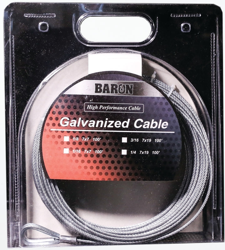 Baron 0 7005/50070 Aircraft Cable, 3/16 in Dia, 50 ft L, 740 lb Working Load, Galvanized Steel