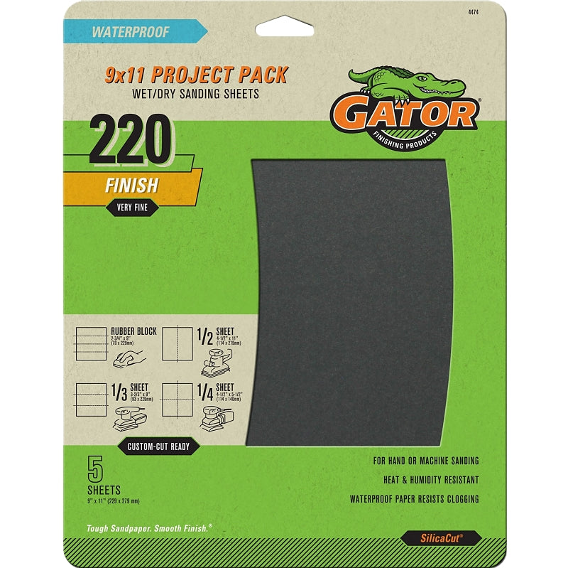 Gator SilicaCut 4474 Sanding Sheet, 11 in L, 9 in W, 220 Grit, Extra Fine, Silicon Carbide Abrasive