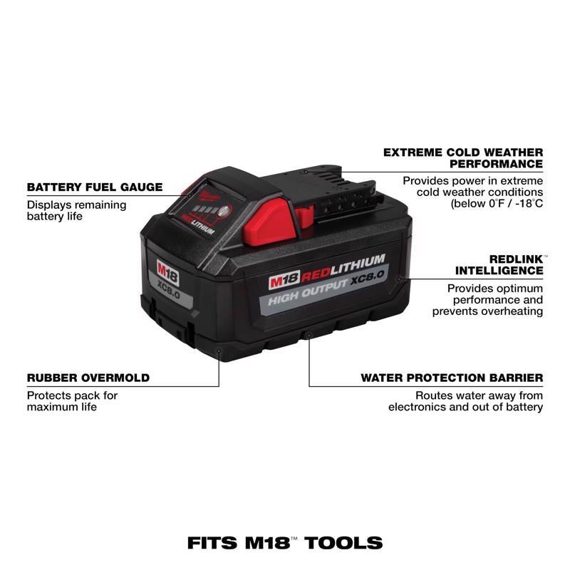 Milwaukee 48-11-1880 Rechargeable Battery Pack, 18 V Battery, 8 Ah, 60 min Charging