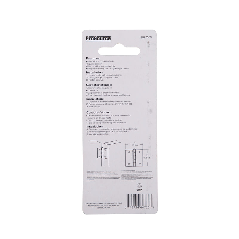 ProSource LR-038-PS Utility Hinge, Steel, Zinc, Removable Pin, 180 deg Range of Motion, Full Mortise Mounting, 38 lb