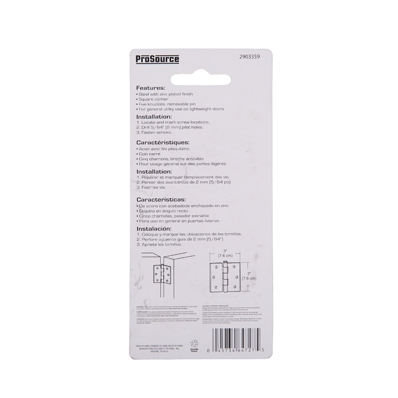 ProSource LR-040-PS Utility Hinge, Steel, Zinc, Removable Pin, 180 deg Range of Motion, Full Mortise Mounting