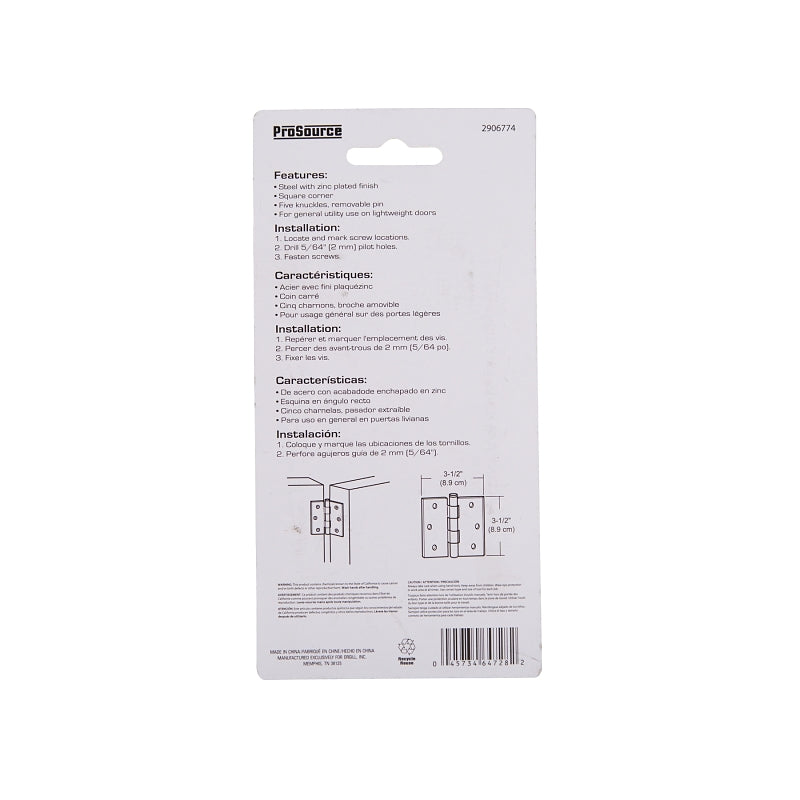 ProSource LR-041-PS Utility Hinge, Steel, Zinc, Removable Pin, 180 deg Range of Motion, Full Mortise Mounting