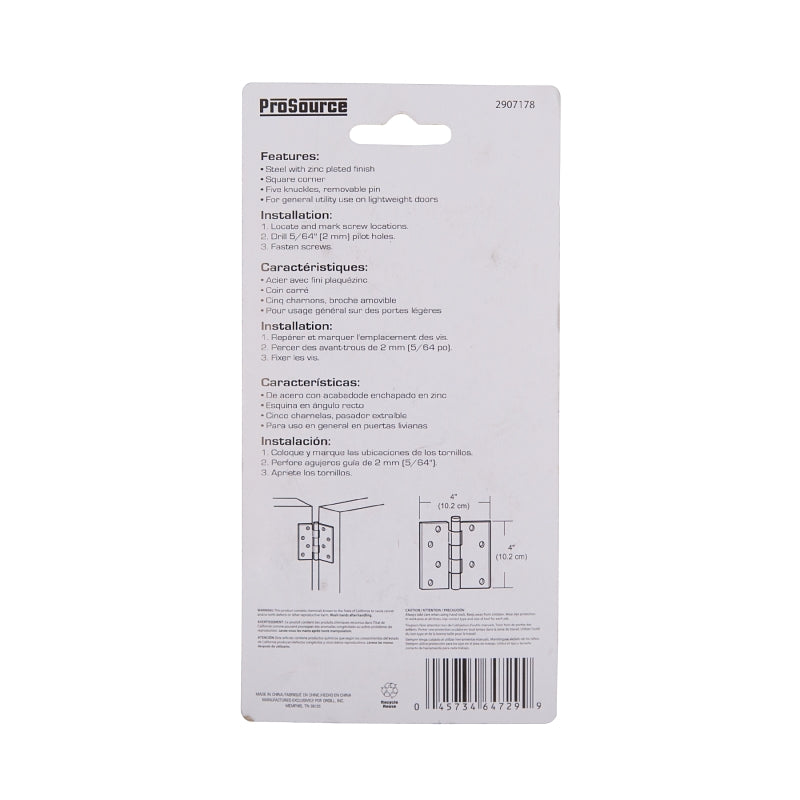 ProSource LR-042-PS Utility Hinge, Steel, Zinc, Removable Pin, 180 deg Range of Motion, Full Mortise Mounting