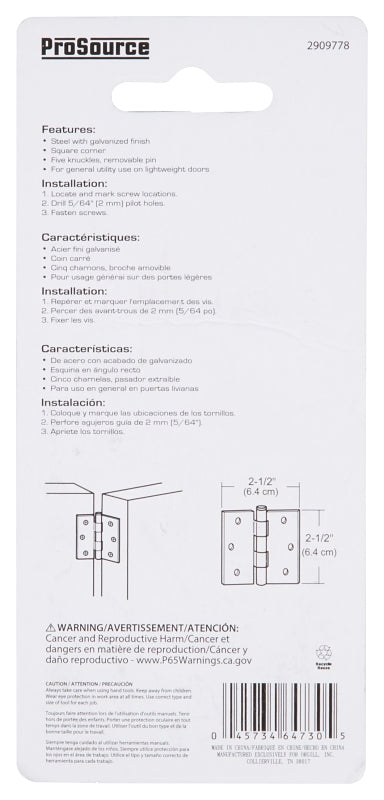 ProSource LR-043-PS Utility Hinge, Steel, Zinc, Removable Pin, 180 deg Range of Motion, Full Mortise Mounting, 70 lb
