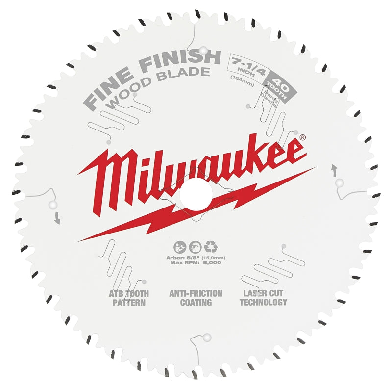 Milwaukee 48-41-0726 Circular Saw Blade, 7-1/4 in Dia, 5/8 in Arbor, 40-Teeth, Cobalt/Tungsten Carbide Cutting Edge, Pack of 10