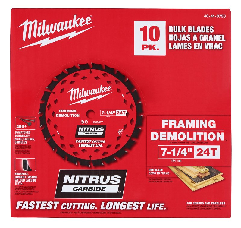 Milwaukee 48-41-0750 Circular Saw Blade, 7-1/4 in Dia, 5/8 in Arbor, 24-Teeth, NITRUS Carbide Cutting Edge, Pack of 10