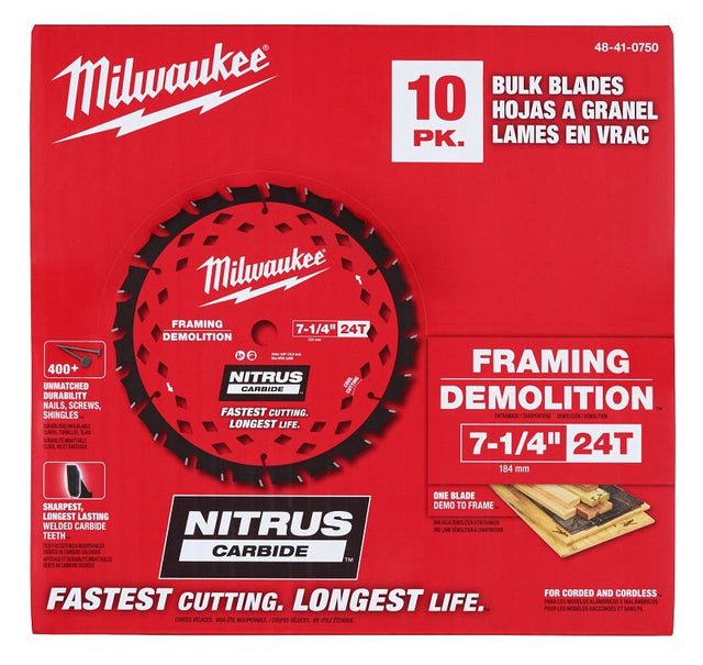 Milwaukee 48-41-0750 Circular Saw Blade, 7-1/4 in Dia, 5/8 in Arbor, 24-Teeth, NITRUS Carbide Cutting Edge, Pack of 10