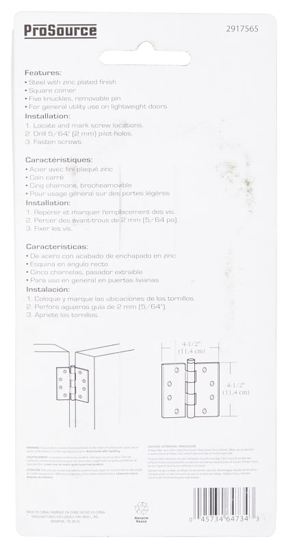 ProSource LR-064-PS Utility Hinge, Steel, Zinc, Removable Pin, 180 deg Range of Motion, Full Mortise Mounting