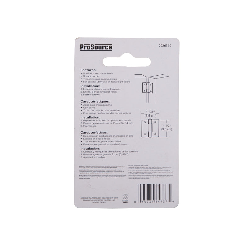 ProSource LR-053-PS Utility Hinge, Steel, Zinc, Removable Pin, 180 deg Range of Motion, Full Mortise Mounting, 7 lb