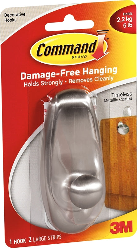 Command 17063-BN Decorative Hook, 5 lb, 1-Hook, Plastic, Brushed Nickel