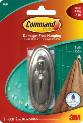 Command 17051BN-B Decorative Hook, 3-1/8 in L x 1-1/4 in W x 1-1/2 in H Dimensions, 3 lb, 1-Hook, Plastic