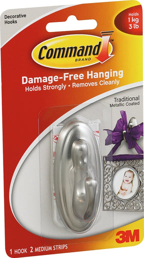 Command 17051BN Decorative Hook, 3-1/8 in L x 1-1/4 in W x 1-1/2 in H Dimensions, 3 lb, 1-Hook, Plastic, Silver