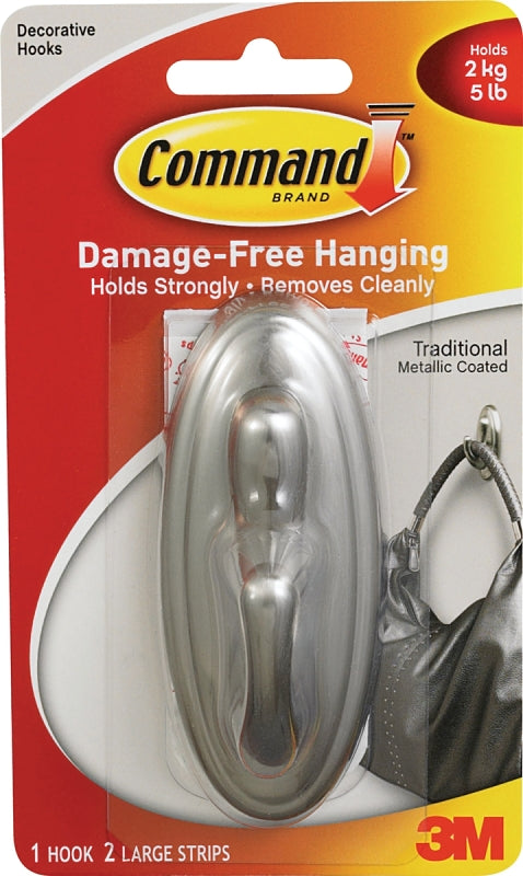 Command 17053BN Decorative Hook, 5 lb, 1-Hook, Plastic, Silver, Brushed Nickel