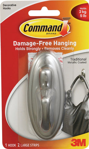 Command 17053BN Decorative Hook, 5 lb, 1 -Hook, Plastic, Silver, Brushed Nickel