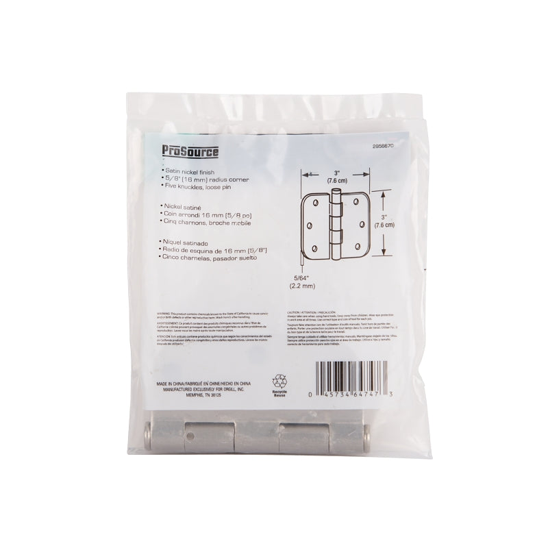 ProSource LR-702-PS Door Hinge, Steel, Satin Nickel, Loose Pin, 180 deg Range of Motion, Screw Mounting