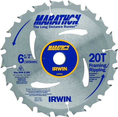 Irwin Marathon 24021 Circular Saw Blade, 6-1/2 in Dia, 5/8 in Arbor, 20-Teeth, Carbide Cutting Edge, Pack of 10