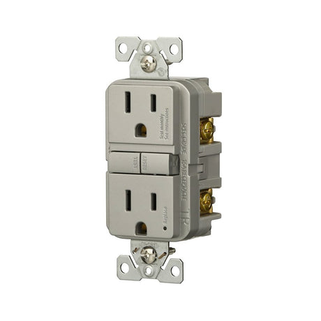 Eaton TRGF15SG-BX-L Self-Test GFCI Receptacle, 125 V, 15 A, NEMA: NEMA 5-15R, Back, Side Wiring, Silver Granite