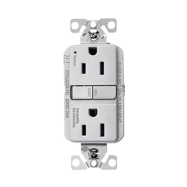 Eaton TRGF15SG-BX-L Self-Test GFCI Receptacle, 125 V, 15 A, NEMA: NEMA 5-15R, Back, Side Wiring, Silver Granite